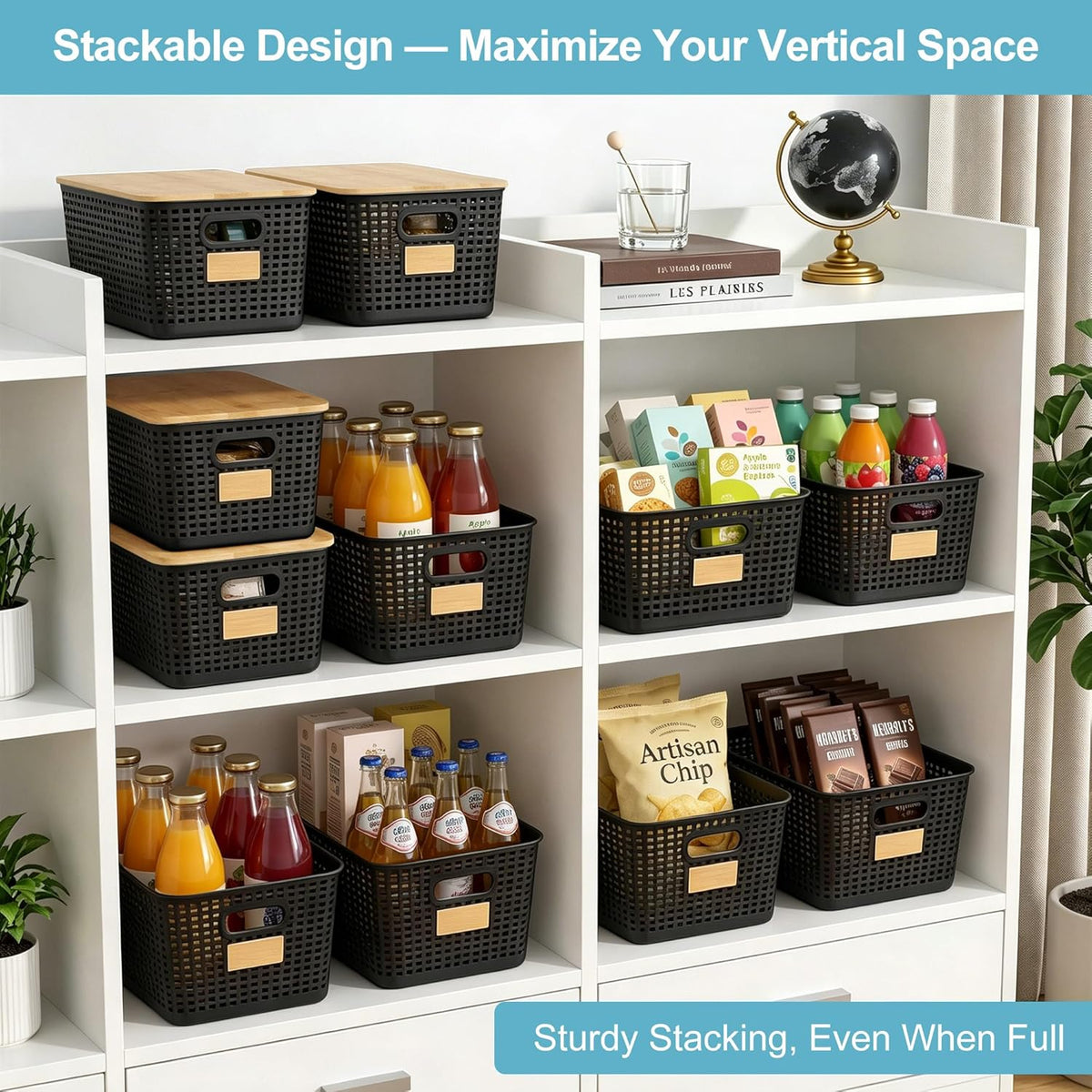 Bagnizer Small Plastic Storage Bins with Bamboo Lids 5.2qt Stackable Box Basket Pantry Decorative Containers Cute with Labels for Organizing Desktop Closet Office Cream White of 10*7.2*4.1"