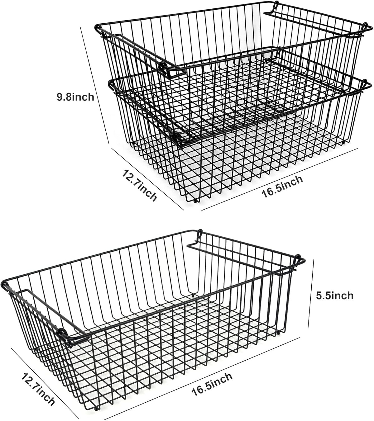 Set of 2 Stackable XXL Wire Baskets For Pantry Storage and Organization -16x12in Large Metal Food Baskets -Vegetable,Fruit,Potato,Onio, Pantry Storage Bins With Handles (Black, XXL)