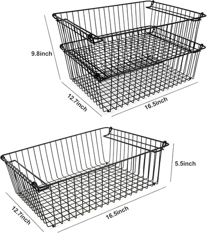 Set of 2 Stackable XXL Wire Baskets For Pantry Storage and Organization -16x12in Large Metal Food Baskets -Vegetable,Fruit,Potato,Onio, Pantry Storage Bins With Handles (Black, XXL)