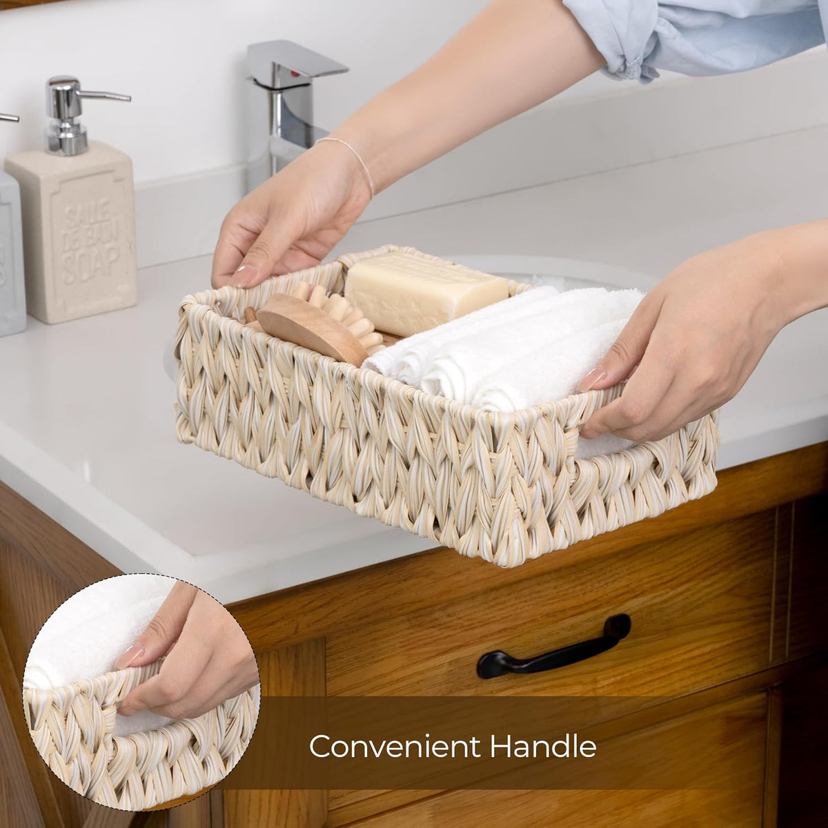 GRANNY SAYS Wicker Storage Baskets for Shelves, Wicker Baskets for Organizing, Waterproof Woven Basket for Pantry, Rectangle Basket for Shlef, Brown, 2-Pack