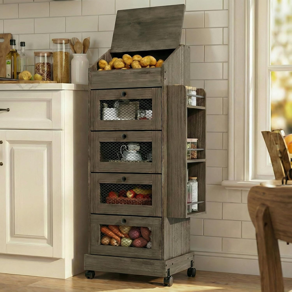 ARTETHYS Potato and Onion Storage Bin for Pantry 5-Tier Rolling Fruit and Vegetable Organizer with Spice Rack on Wheels Movable Large Bread Box Cabinet with 4 Ventilated Drawers for Kitchen, Rustic