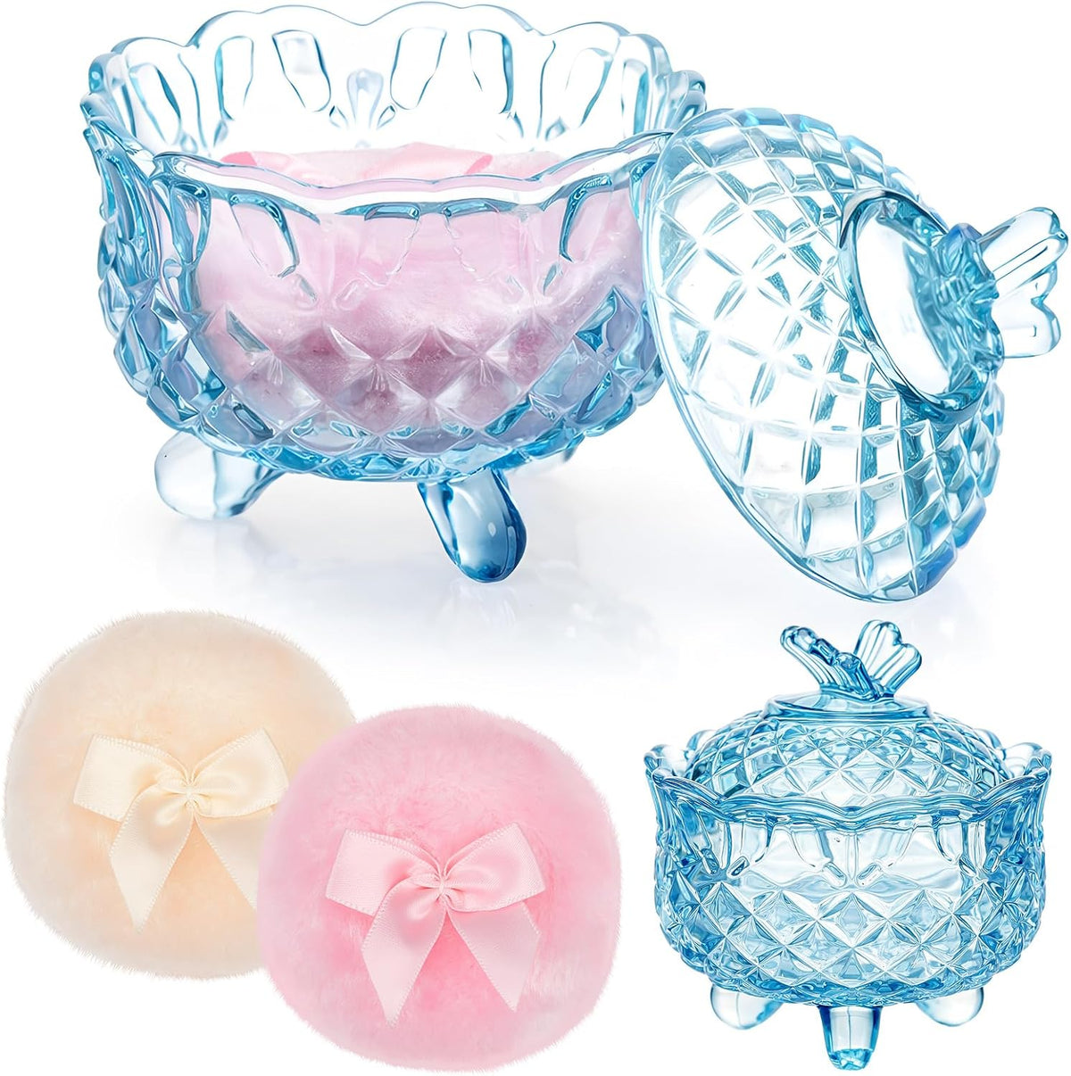 Tioncy 3 Pcs Large Body Powder Puff and Container Valentine's Day gift Powder Container with Puff Crystal Case Soft Washable Reusable Velour Face Body Glitter Wet Dry Makeup (Classic,Clear)