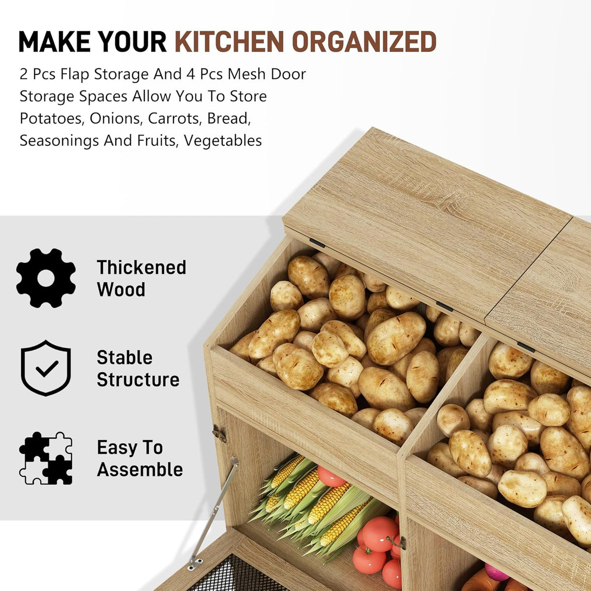 Potato And Onion Storage Bin with Lid,Veggie Bin W/6 Large Storage Box.Root Vegetable Storage Box For Kitchen,Farmhouse Potato Storage Bin W/4 Mesh Doors,Bread Keeper for Toast,Bagel,Donut,Cookies