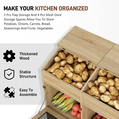 Potato And Onion Storage Bin with Lid,Veggie Bin W/6 Large Storage Box.Root Vegetable Storage Box For Kitchen,Farmhouse Potato Storage Bin W/4 Mesh Doors,Bread Keeper for Toast,Bagel,Donut,Cookies