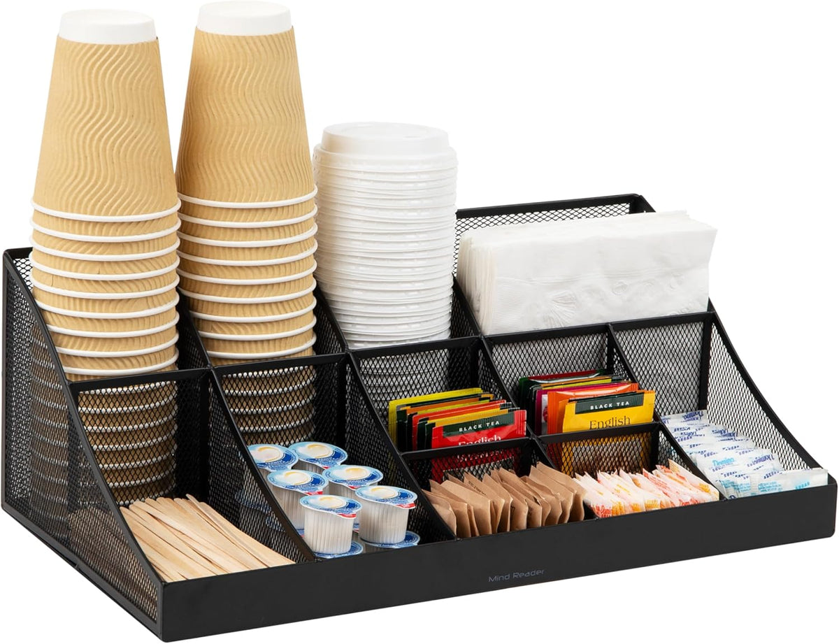Mind Reader Cup and Condiment Station, Countertop Organizer, Coffee Bar, Kitchen, Stirrers, 17.875"L x 9.5"W x 6.625"H, Black