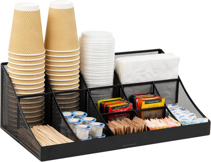 Mind Reader Cup and Condiment Station, Countertop Organizer, Coffee Bar, Kitchen, Stirrers, 17.875"L x 9.5"W x 6.625"H, Black
