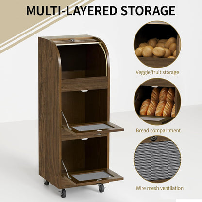 Movable Potato and Onion Storage Box with Wheels,Wooden Vegetable Storage Box,Food Storage Room with Grocery Area,Sliding Design,Modern Farmhouse Style，Suitable for Kitchen (potato bin-Walnut-02)