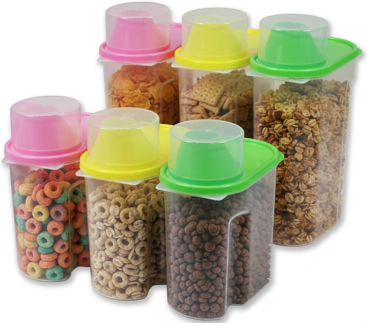 Basicwise 2.5 Liters Set of 3 Large Airtight Food Storage Containers with Pouring Spout and Measuring Cup Lid for Flour Sugar Cereal Rice Pantry Staples & Baking Ingredients in Green Pink and Yellow