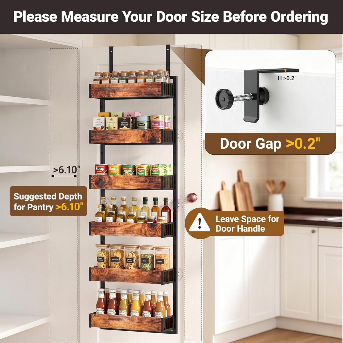 6-Tier Over the Door Pantry Organizer, 2-in-1 Door Hanging or Wall Mounted Spice Rack, Space Saving Metal Storage Shelves with Adjustable Baskets for Kitchen, Closet, Bathroom