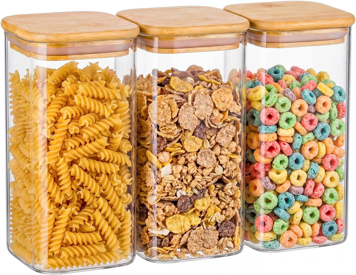 3-Pack 2.2Qt Square Glass Spaghetti Jars with Bamboo Lids, Tall Food Storage Containers for Pantry Organization, Elegant Kitchen Storage Canister for Pasta, Penne, Macaroni, Lasagna, Fusilli