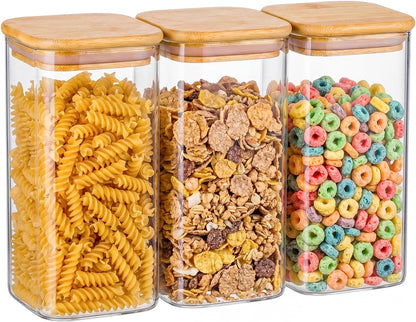 3-Pack 2.2Qt Square Glass Spaghetti Jars with Bamboo Lids, Tall Food Storage Containers for Pantry Organization, Elegant Kitchen Storage Canister for Pasta, Penne, Macaroni, Lasagna, Fusilli