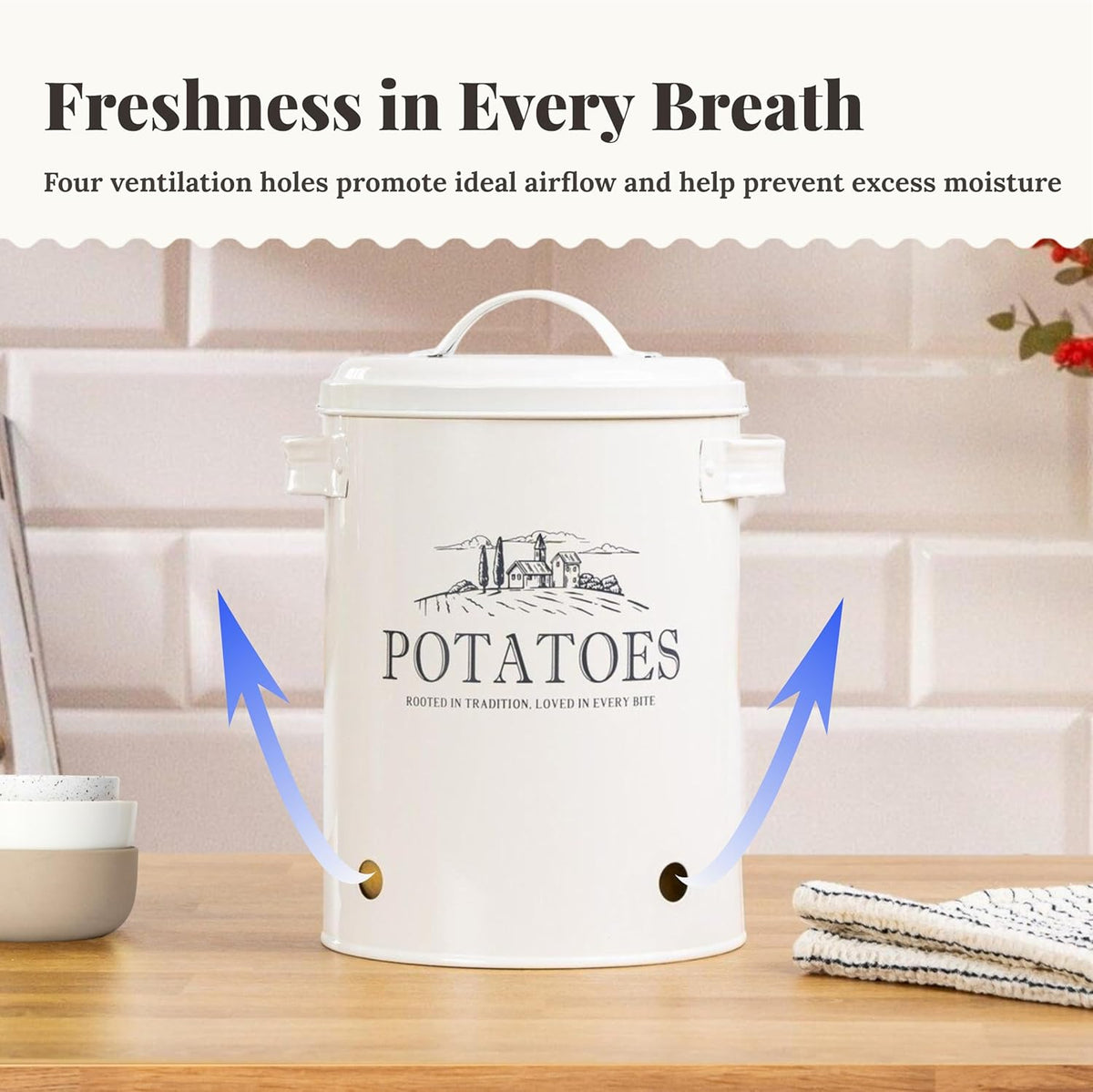noonberry Potato and Onion Storage Bin Set – 3-Piece Ventilated Potato Storage Bin, Onion Storage Container and Garlic Container – Cream-White Magnolia Finish