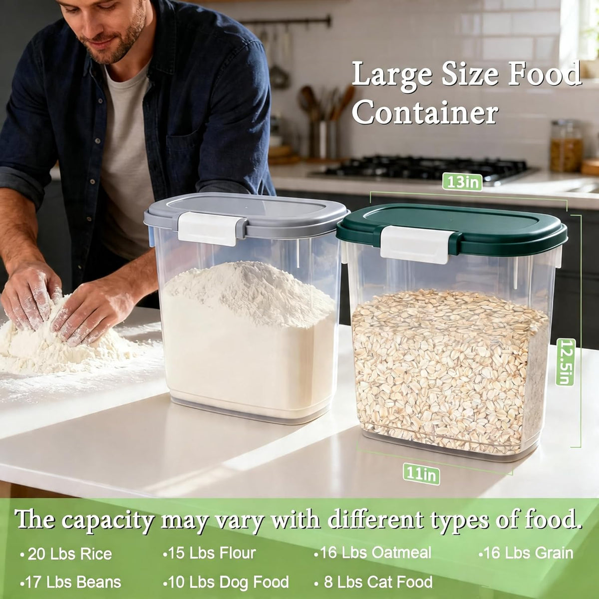 Large Rice Storage Container 15-20 Lbs, Tall Flour Container with Scoop + Cup - Slim Dry Food Storage Bin for Cereal, Sugar, Beans, Pet Dog Cat Food Container - Kitchen and Pantry Storage Organization