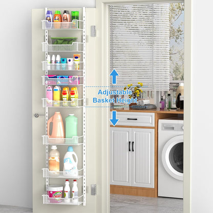 VyGrow 12.3" W Narrow Over the Door Pantry Organizer, 6-Tier Over the Door Organizer with Adjustable Basket, Pantry Door Organization for Pantry Kitchen Storage Room Spice Rack, White