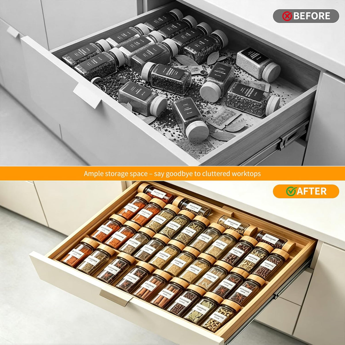Bamboo Spice Drawer Organizer Expandable(Need 2.6" Deep Drawer), 4-Tier Spice Rack Drawer Insert for Kitchen Cabinets(From 12" to 21.9" Wide), Adjustable Seasoning Storage Insert (Jars Not Included)