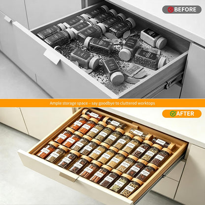 Bamboo Spice Drawer Organizer Expandable(Need 2.6" Deep Drawer), 4-Tier Spice Rack Drawer Insert for Kitchen Cabinets(From 12" to 21.9" Wide), Adjustable Seasoning Storage Insert (Jars Not Included)