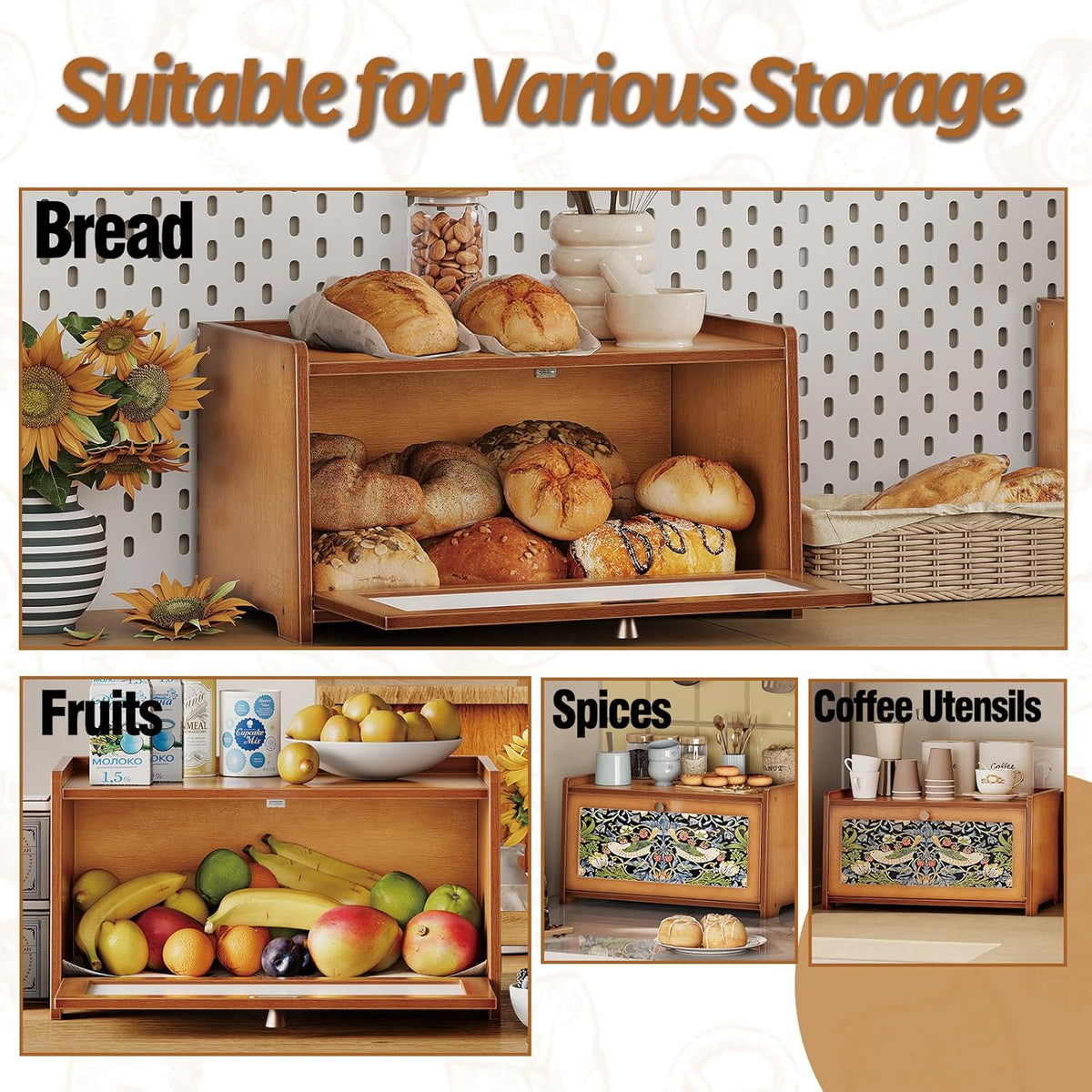 Trironsun Bread Box for Kitchen Counter Black Bread Storage Container with Acrylic Door William Morris Flower Bird Design Farmhouse Breadbox Organizer (Black)