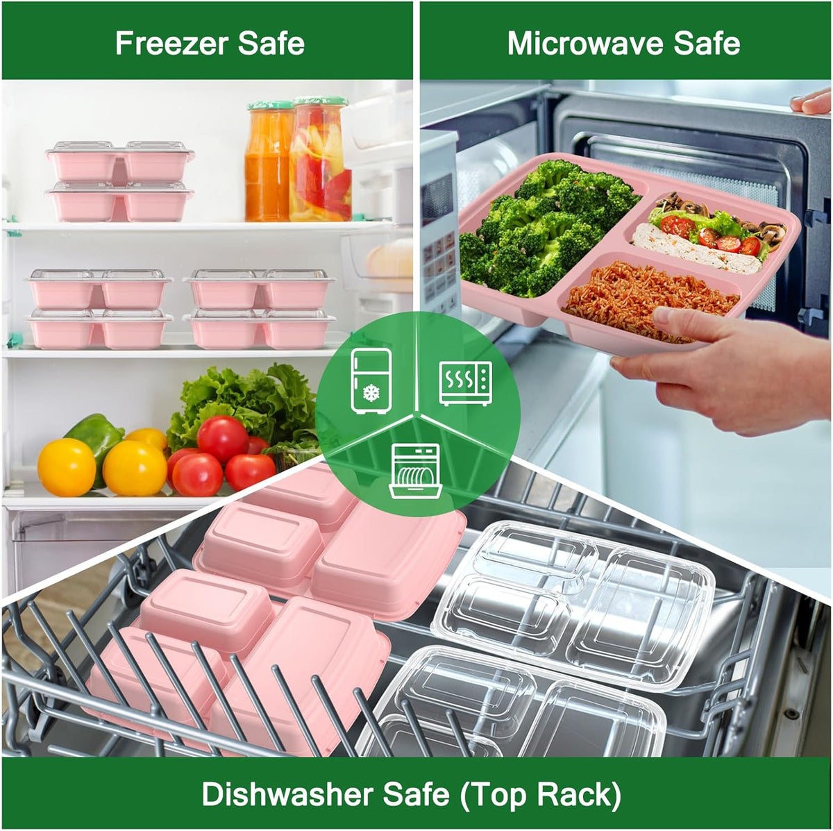 50 Pack (100-Piece) 32 oz Meal Prep Containers Reusable with Lids 3-Compartment, To Go Take Out Plastic Food Storage Containers, Sturdy Leakproof Food Safe, Microwave Freezer Dishwasher Safe, Black