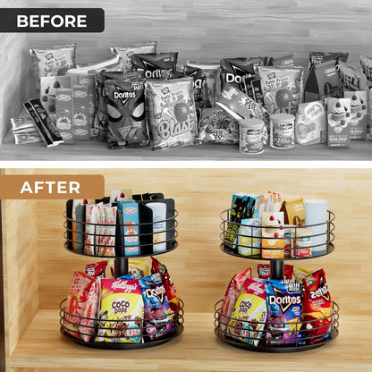 Snack Organizer - Versatile Snack Storage 2 Tier Lazy Susan with Convenient Grab-and-Go Design, Wood and Metal Snack Holder for Home, Office, Breakroom, 12.13" L x 12.13" W x 12.56" H