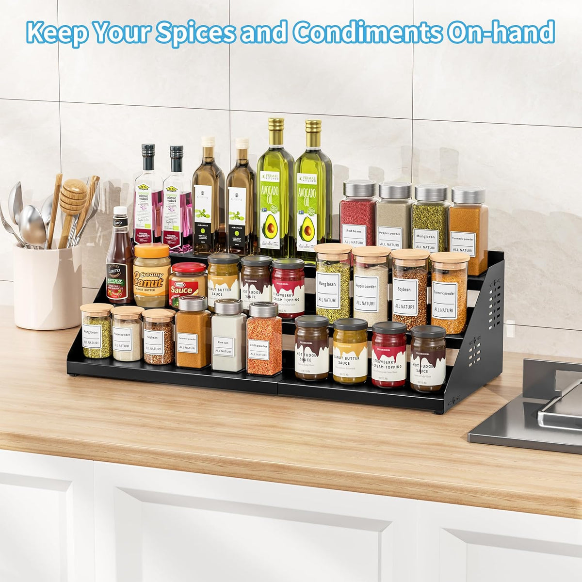 BOIVSHI Spice Rack, Spice Organization for Cabinet - Expandable Width, 3 Tiered Spice Rack Organizer for Cabinet - Adjustable Height, Seasoning Organizer for Cabinet, Countertop, Pantry, White