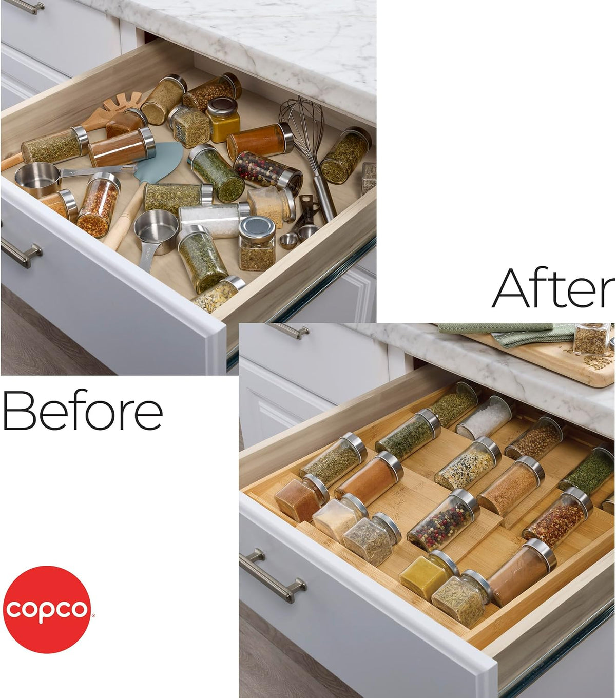 Copco Bamboo Expandable Spice Organizer Drawer and Counter Lazy Susan Turntable Style Tiered Rack - Adjustable 4-Tier Natural Wood Kitchen Spice Storage Organizer for Cabinet, Pantry, or Bathroom