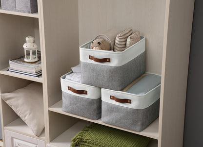 DECOMOMO Storage Bins, Large Fabric Storage Baskets for Shelves, Decorative Linen Closet Organizer, 15 x 11 x 9.5 inches (Beige & White, 3 Pack)