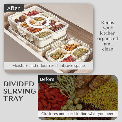 Dunruz Snackle Box Container,Portable Snack Box 8 Compartment Divided Serving Tray with Lid,Clear Storage Organizer for Fruit Candy Nuts Veggie-Perfect for Road Travel Party (8 Compartments)