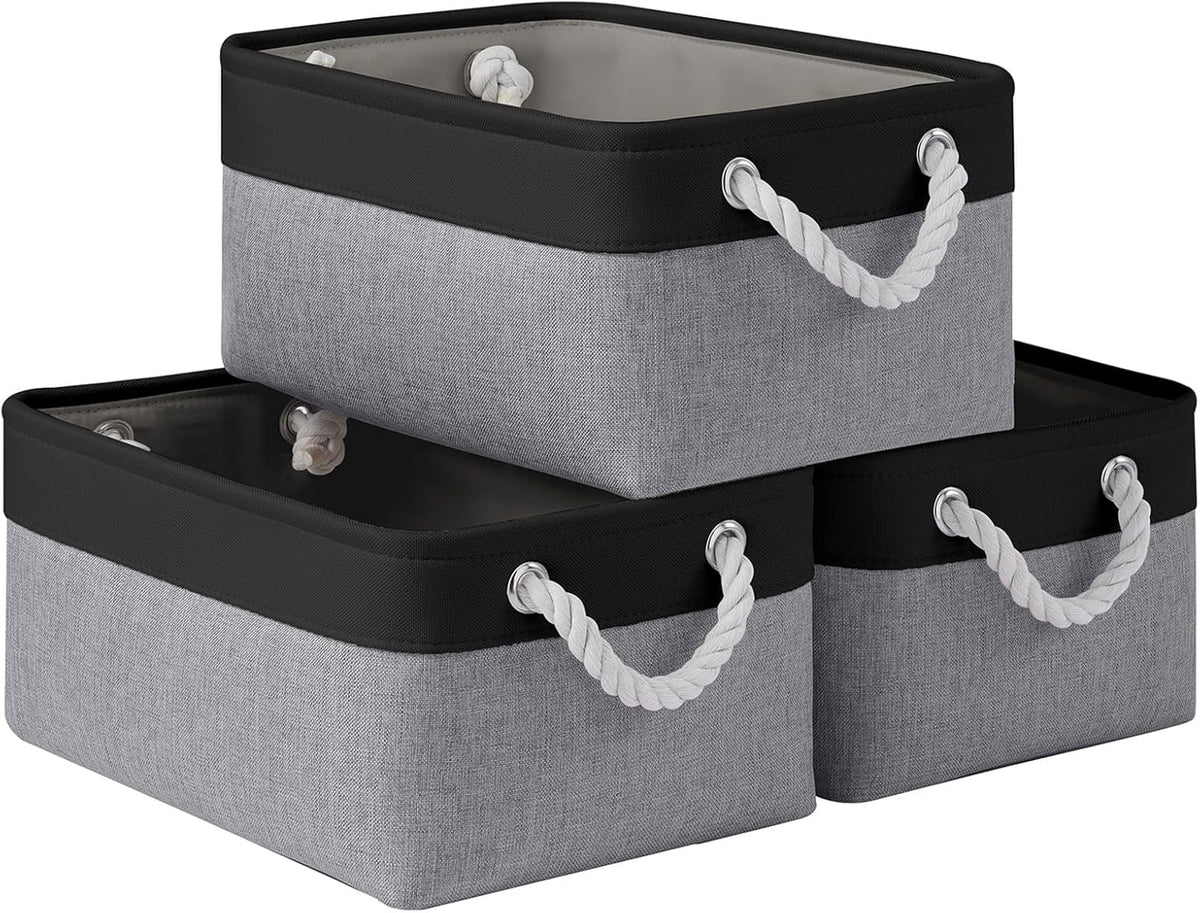 Large Storage Baskets- 15.7x11.8x8.26 inch Storage Bins for Shelves and Closet Organizing, Foldable Fabric Bin for Home Organization Clothes and Laundry (3-Pack, White&Khaki)