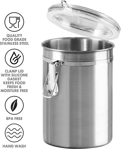 Oggi Stainless Steel Kitchen Canister 152 fl oz - Airtight Clamp Lid, Clear See-Thru Top - Ideal for Kitchen Storage, Food Storage, Pantry Storage. Jumbo Size 8" x 8".