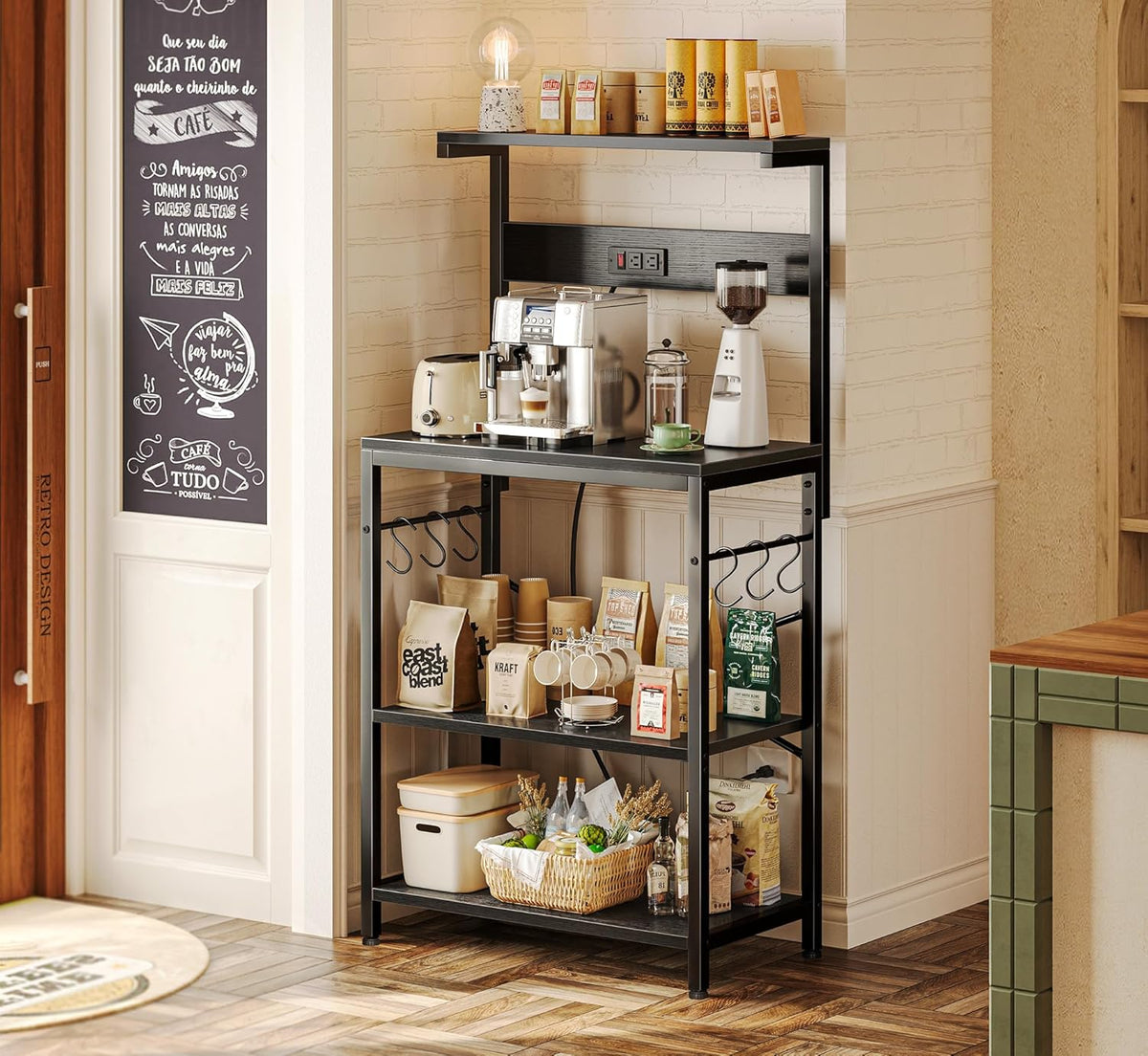 SUPERJARE Kitchen Bakers Rack with Power Outlet, Coffee Bar Table 4 Tiers, Kitchen Microwave Stand with 6 S-shaped Hooks, Storage Shelf Rack for Spices, Pots and Pans - Rustic Brown