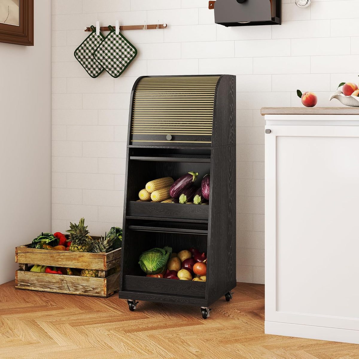 4 Tier Narrow Potato Storage Bin, Tall Wood Potato and Onion Storage Bin with Wheel, Movable Fruit and Vegetable Basket, Food Small Kitchen Pantry Cabinet, Wooden Bread Box, Walnut, Sliding Door