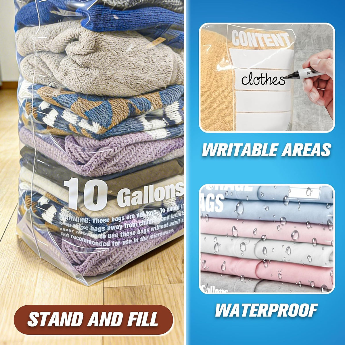 10 Gallon Zipper Storage Bags, 18” x 20” Clear Plastic Bags with Handle, Extra Large XL Zip Bags for Clothes, Pack of 5