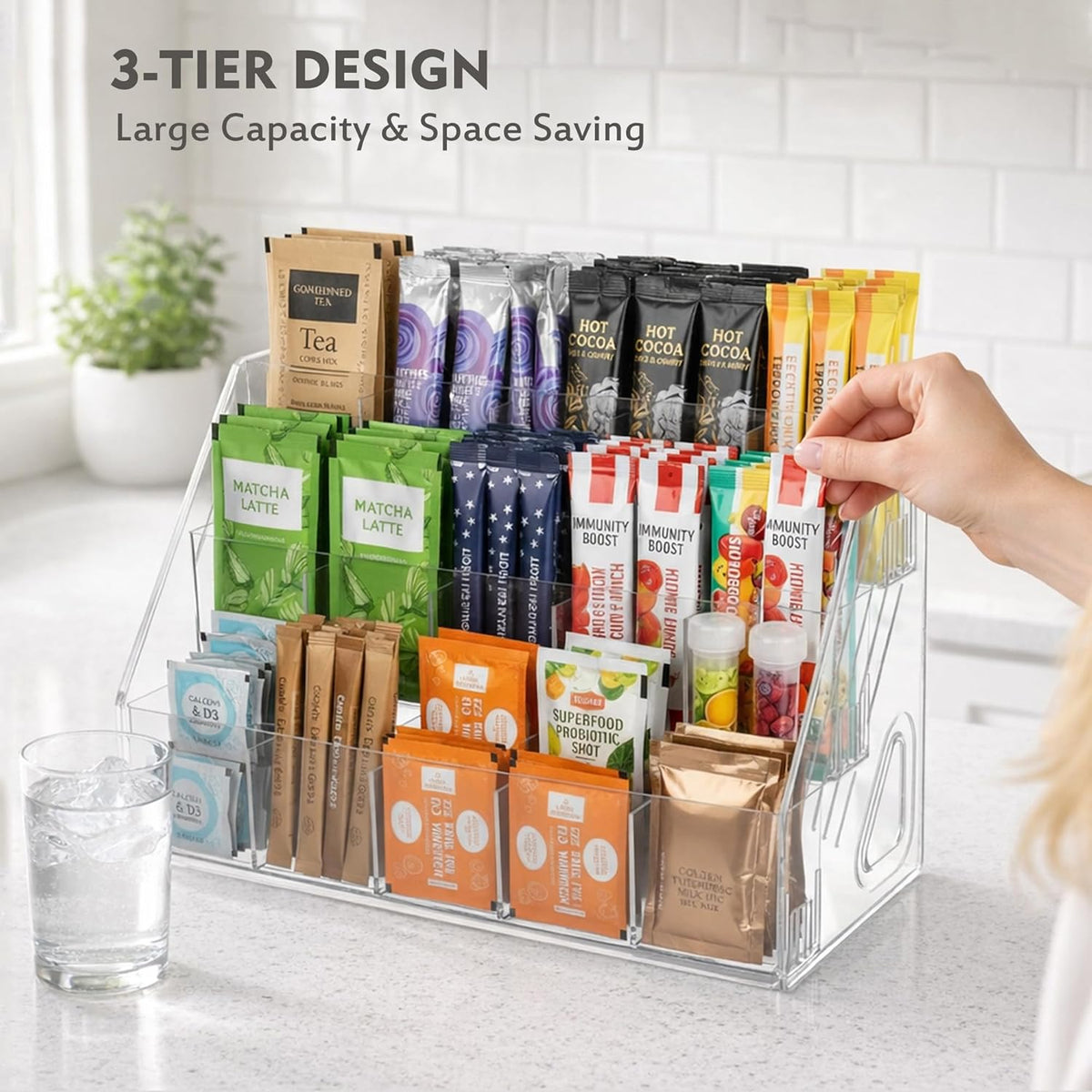 3-Tier Acrylic Drink Packet Organizer with 15 Compartments, Sugar Packets Drink Mix Organizer, Water Flavor Packet Holder for Kitchen Pantry Cabinet Storage,Coffee Station