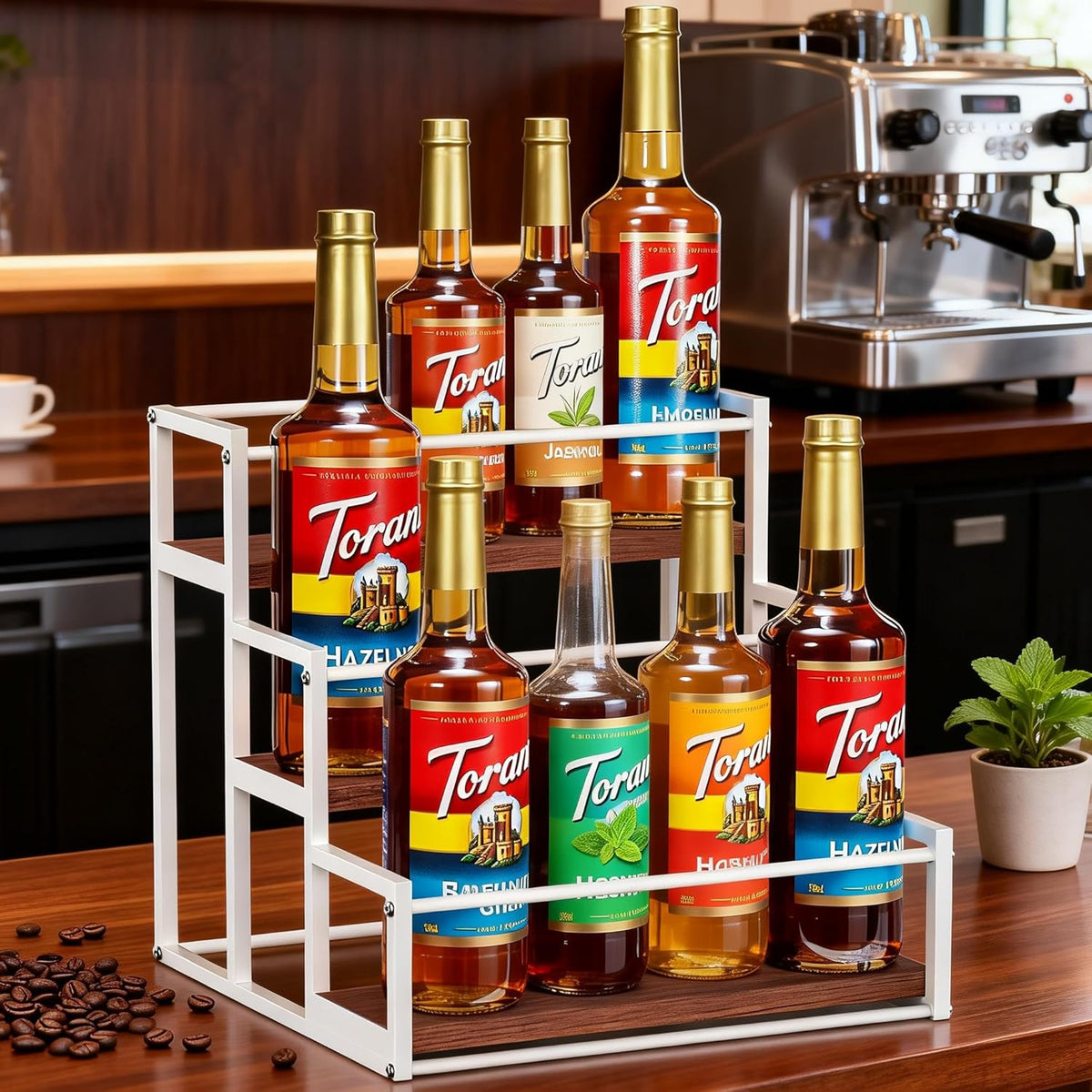 THYGIFTREE Coffee Syrup Rack Organizer 2-Tier 10 Syrup Bottles Holder Stand Metal with Wood Base for Coffee Bar Storage Shelves for Kitchen Countertop Matte Black