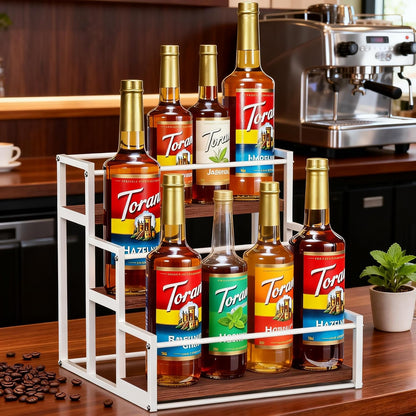 THYGIFTREE Coffee Syrup Rack Organizer 2-Tier 10 Syrup Bottles Holder Stand Metal with Wood Base for Coffee Bar Storage Shelves for Kitchen Countertop Matte Black