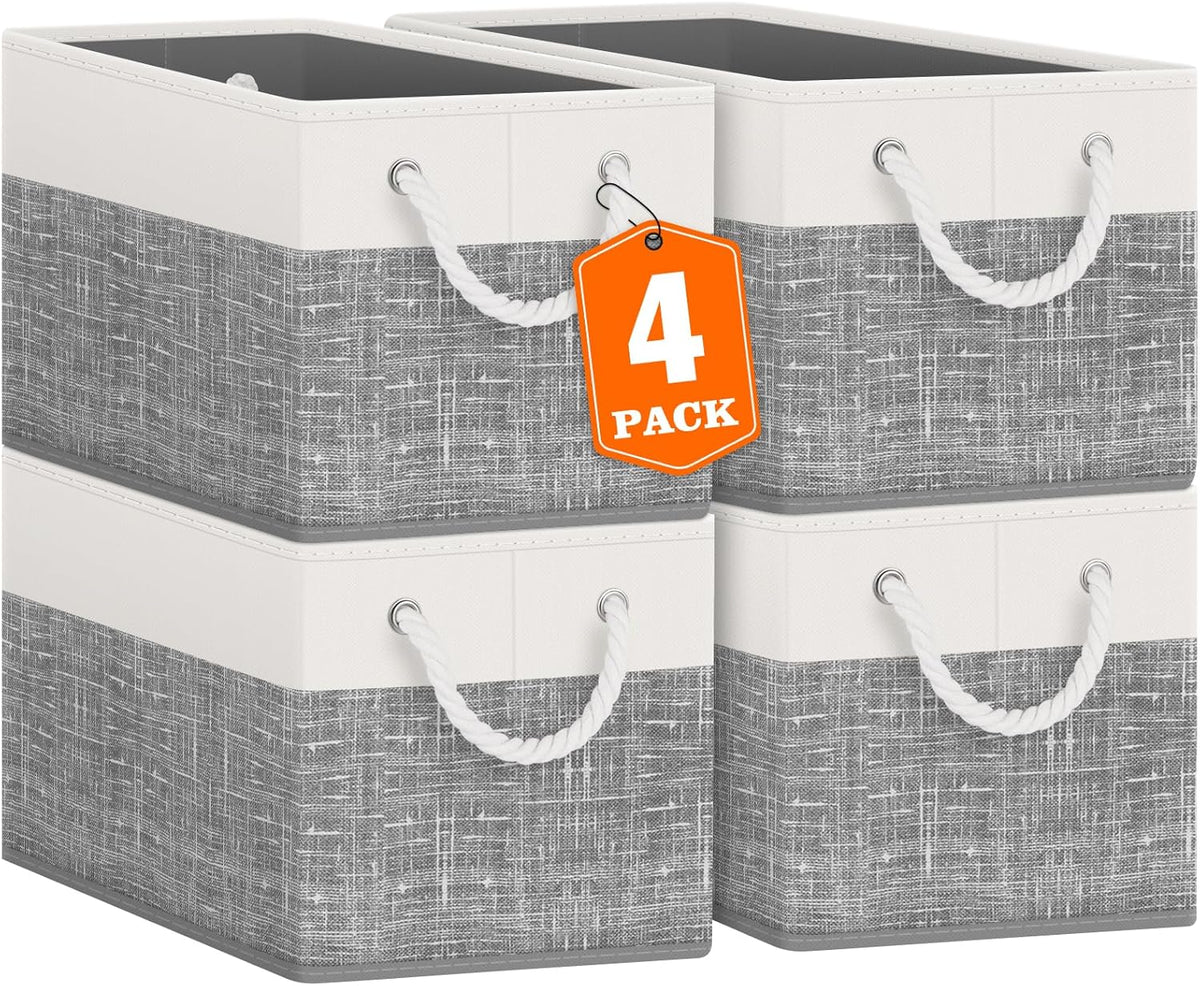 Fab totes Storage Bins, Foldable Storage Baskets for Organizing Toys, Books, Shelves, Closet, Large Storage Box with Rope Handles, Sturdy Organizer Bins, White & Grey