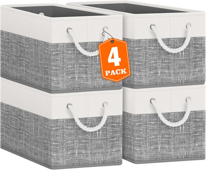 Fab totes Storage Bins, Foldable Storage Baskets for Organizing Toys, Books, Shelves, Closet, Large Storage Box with Rope Handles, Sturdy Organizer Bins, White & Grey