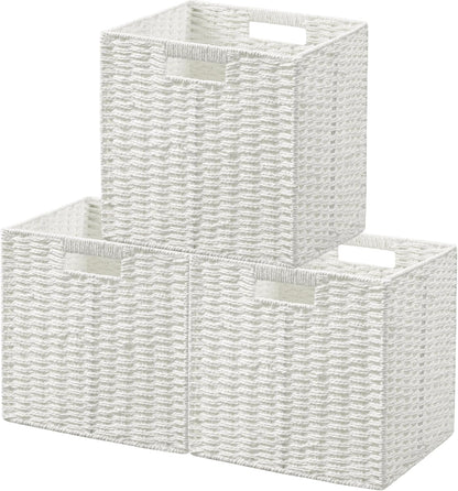 UBBCARE Wicker Basket, 13.4L×8.3H×7.1W inch Woven Paper Rope Storage Baskets for shelves, Foldable Rectangular Storage Baskets with Handle, Storage Basket for Organizing, Black