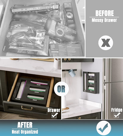 Neatsure Acrylic Magnetic Food Bag Storage Organizer for Drawer or Refrigerator, Compatible with Gallon, Quart, Sandwich, Snack & Variety Size Bags