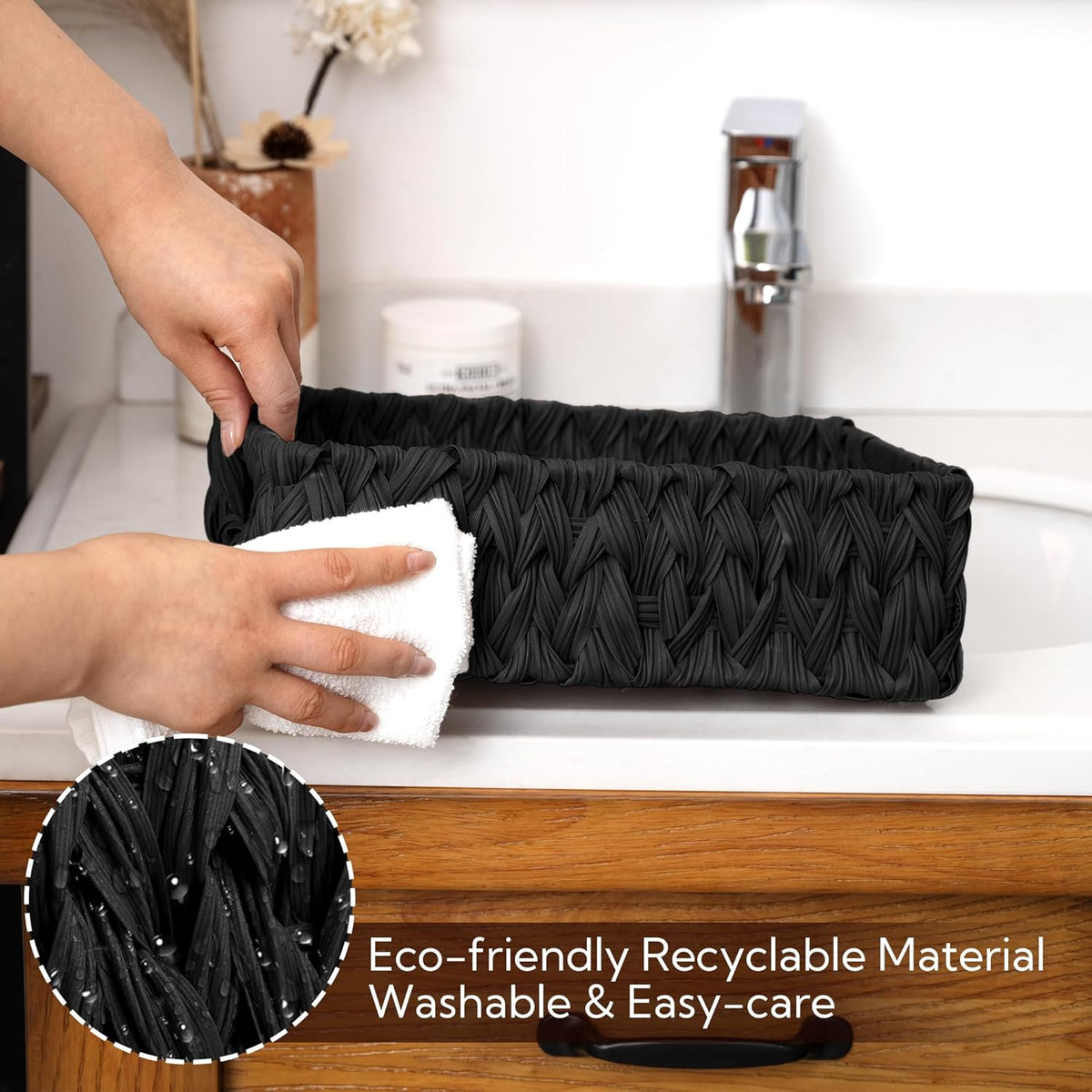 GRANNY SAYS Wicker Storage Baskets for Shelves, Wicker Baskets for Organizing, Waterproof Woven Basket for Pantry, Rectangle Basket for Shlef, Brown, 2-Pack