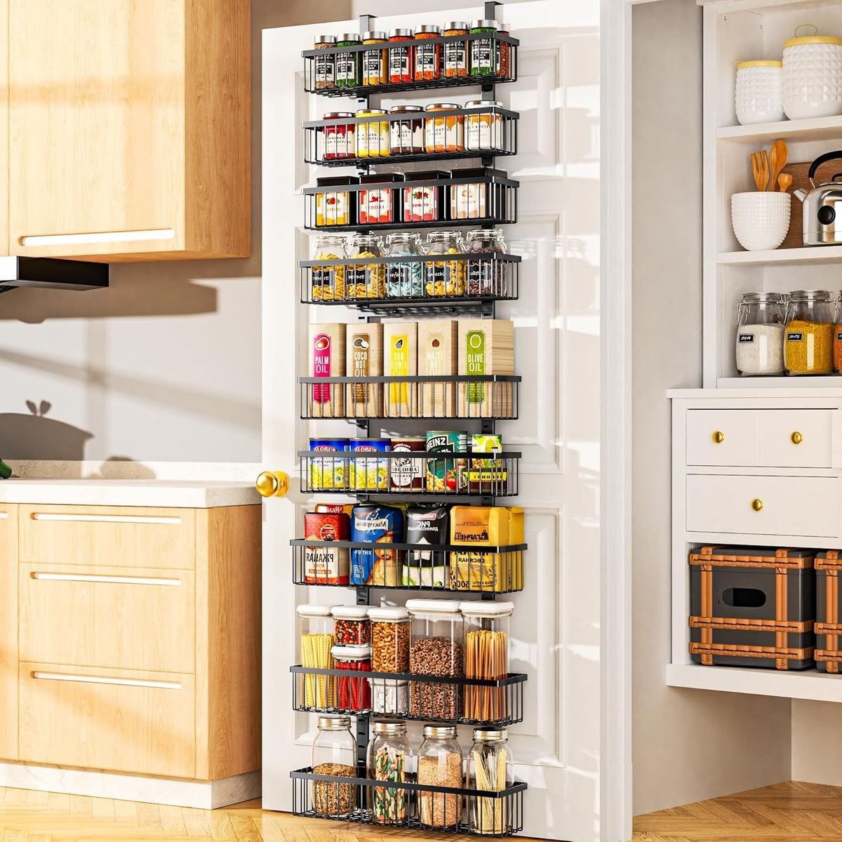 Moforoco White Over The Door Pantry Organizer, Pantry Organization and Storage, Metal Hanging Spice Rack Shelves Door, Seasoning Shelves, Laundry Room Organization, House and Kitchen Essentials