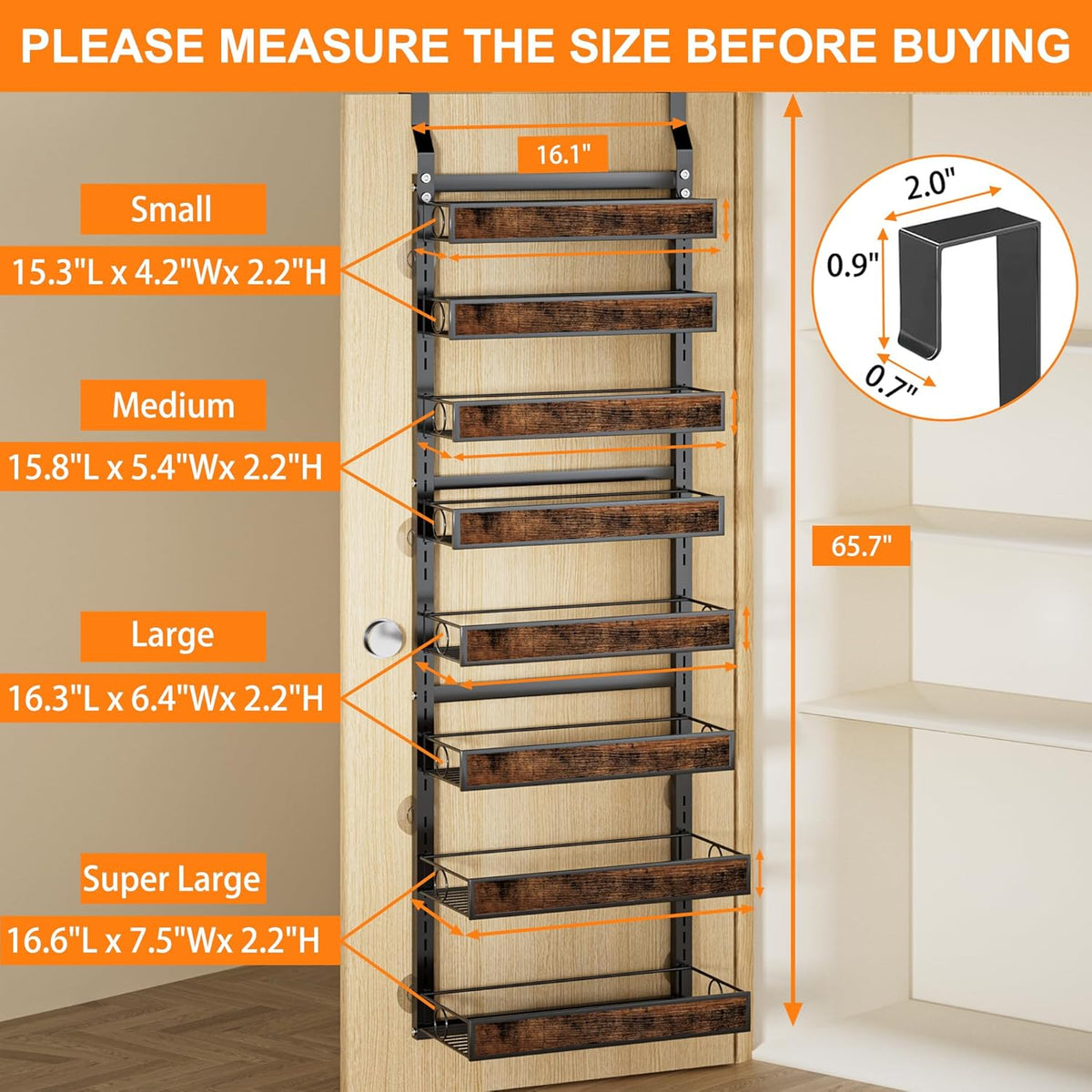 8 Tier Over The Door Pantry Orangizer 2 IN 1 Wall Mounted or Hanging Spice Rack with Adjustable Wood Basket,Heavy Duty Seasoning Storage Shelf for Kitchen Pantry and Bathroom