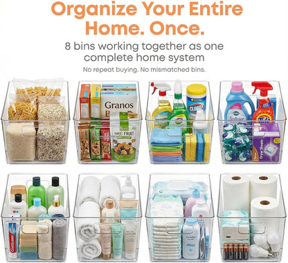 MOONEDGE Set of 4 Clear Plastic Organizer Bins, 2 Large & 2 Small Storage Bins for Pantry, Nestable Space-Saving Containers for Cabinets, Under-Sink, Bathroom, Kitchen & Freezer Organization