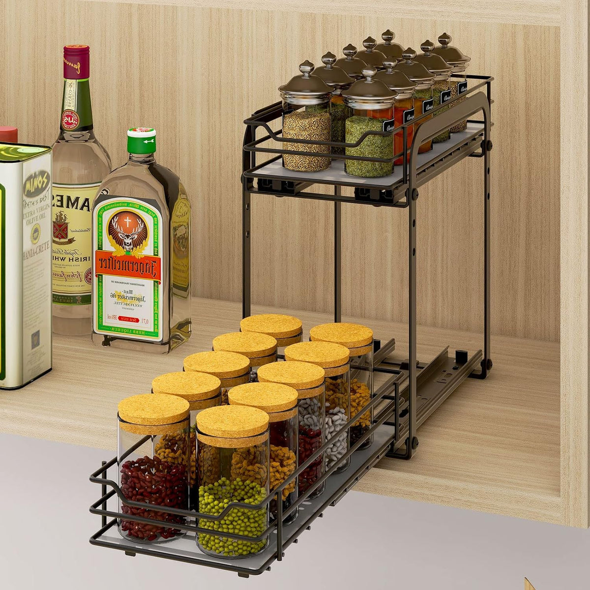 BOIVSHI 2-Tier Spice Rack, Pull Out Cabinet Organizer Spice Racks Height Adjustable Heavy Duty Metal Basket for Inside Cabinets & Pantry Closet(9.5''Wx10.5''Dx9.5''H)