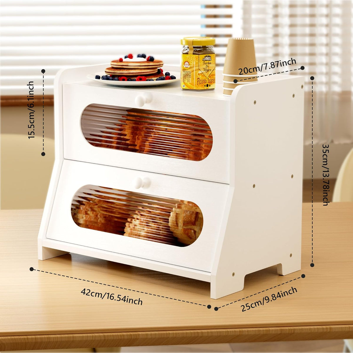 Bread Box,Extra Large 2-Tier Bamboo Bread Box for Kitchen Countertop,Bread Storage Container with Magnetic Acrylic Door for Homemade Bread,Under Cabinet,Pantry Organizer(Natural)