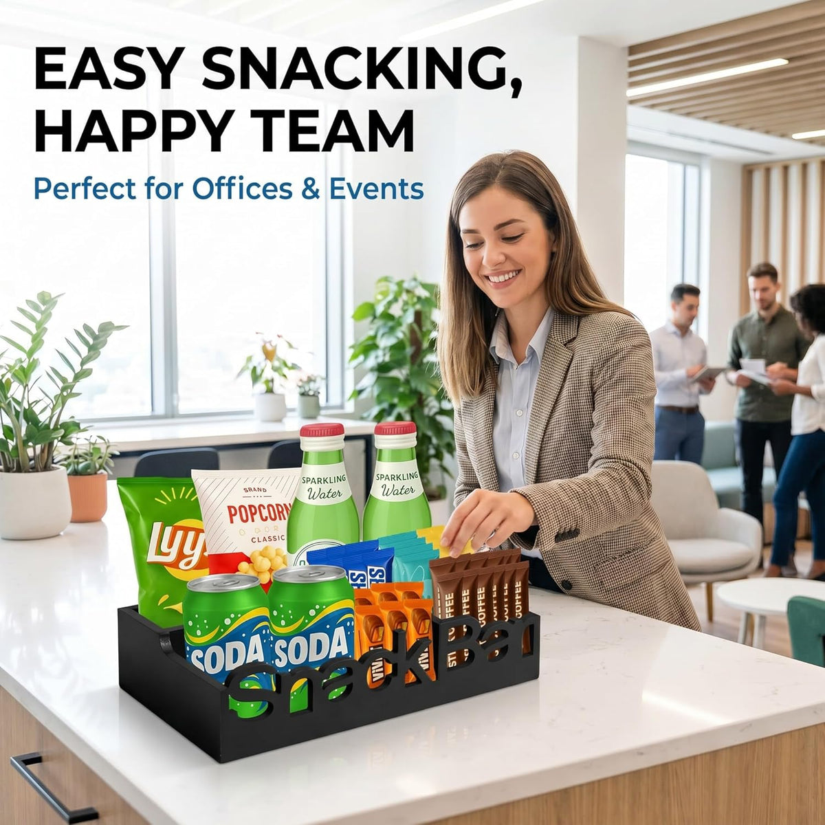 Snack Bar Organizer – Black 5 Compartment Station, Countertop Pantry Organizer for Kitchen, Office Food Holder, Candy Storage Bin, Display Stand, Cabinet Tray & Shelf