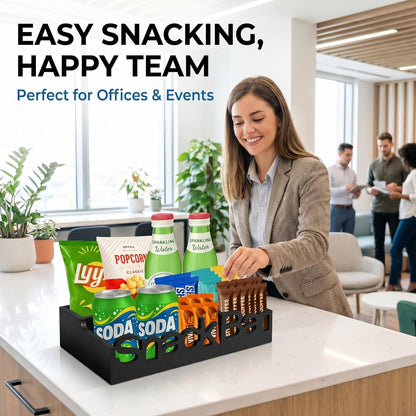 Snack Bar Organizer – Black 5 Compartment Station, Countertop Pantry Organizer for Kitchen, Office Food Holder, Candy Storage Bin, Display Stand, Cabinet Tray & Shelf