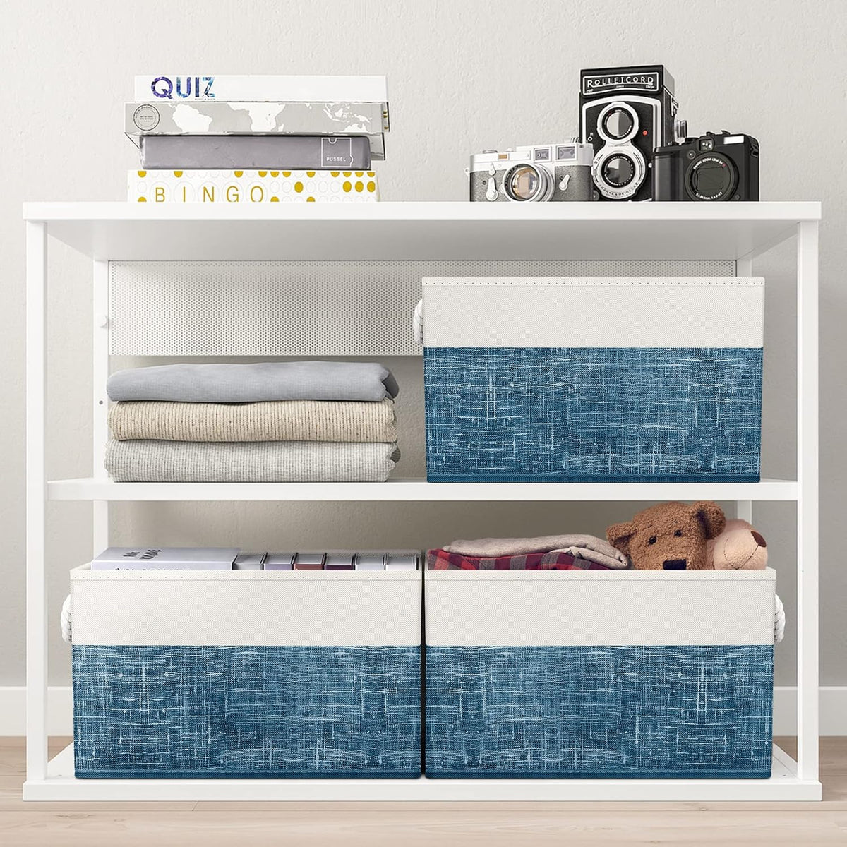 Fab totes Storage Bins, Foldable Storage Baskets for Organizing Toys, Books, Shelves, Closet, Large Storage Box with Rope Handles, Sturdy Organizer Bins, White & Grey