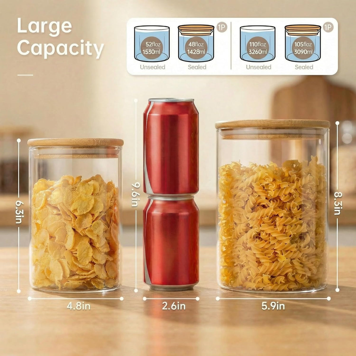 32oz - Glass Jars with Bamboo Lids, Glass Pantry Storage Containers with Airtight Lids, Round Air Tigh Food Storage Canisters for Cereal, Pasta, Flour, Sugar, Rice, Best for Kitchen Organizer