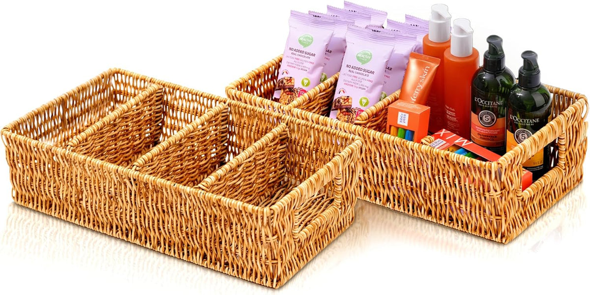Nature-Inspired Rattan Pantry Organizer Baskets Set of 2 with 3 Removable Dividers – Handwoven Storage Bins for Kitchen or Bathroom Organization, Ideal for Snacks, Coffee & Tea (13” x 7.3” x 3.7”)